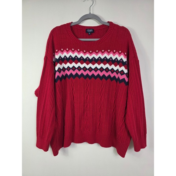 Chaps Sweaters - Chaps Women's 3X Red Fair Isle Cable Knit Sweater Crewneck Pink Navy White